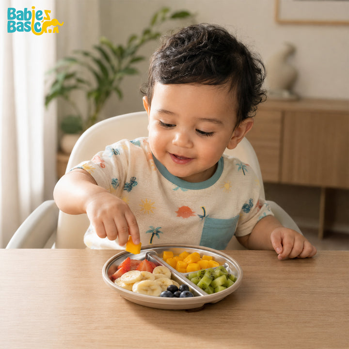 Babies Basic Stainless Steel plate with suction for Kids, Beige