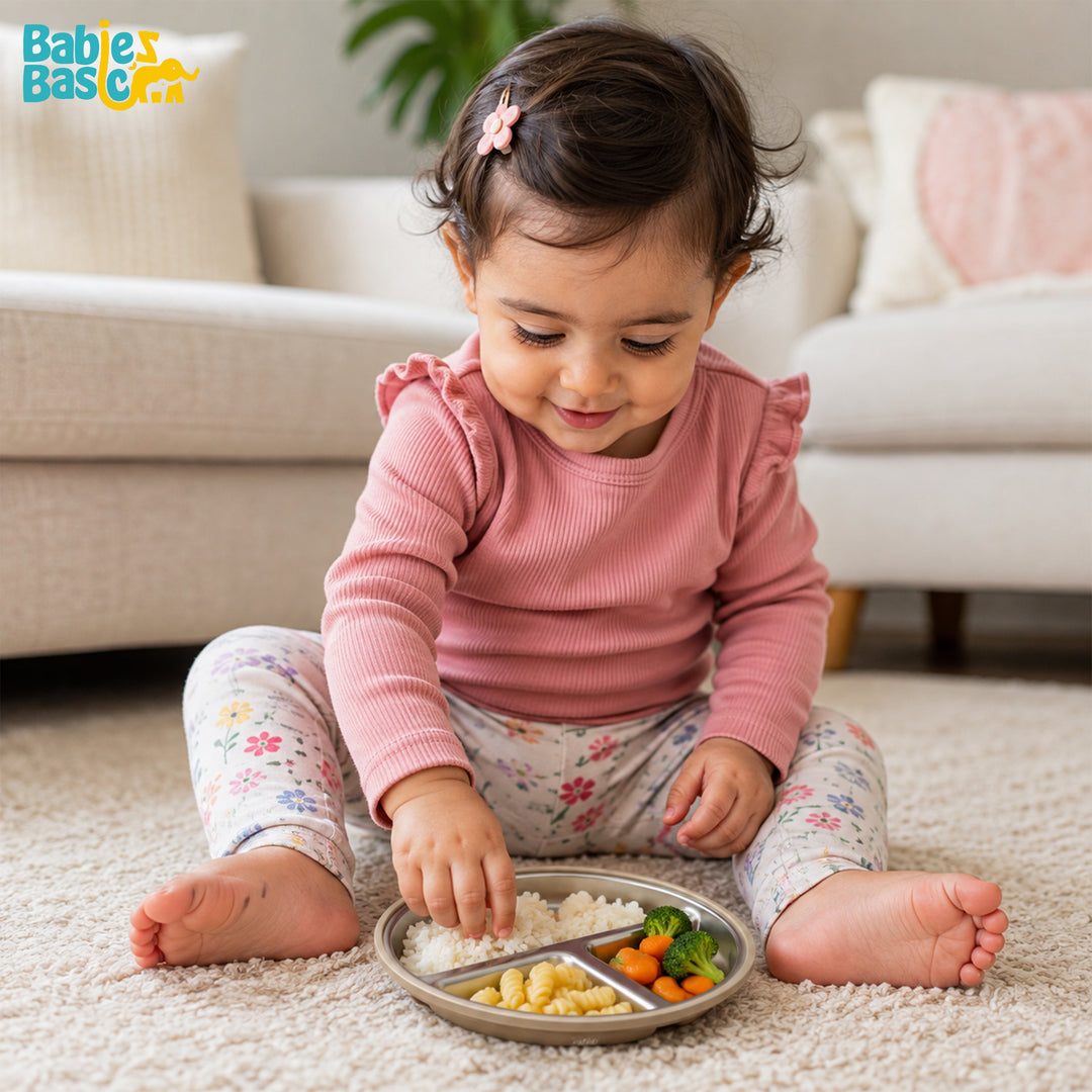 Babies Basic Stainless Steel plate with suction for Kids, Beige