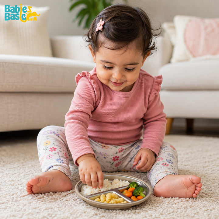 Babies Basic Stainless Steel plate with suction for Kids, Beige