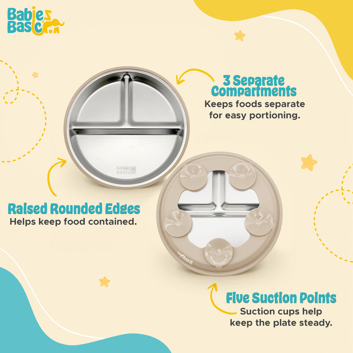 Babies Basic Stainless Steel plate with suction for Kids, Beige