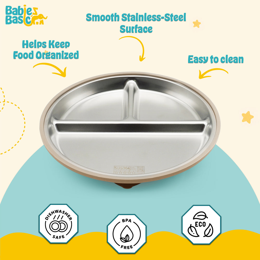 Babies Basic Stainless Steel plate with suction for Kids, Beige
