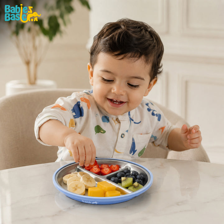 Babies Basic Stainless Steel plate with suction for Kids, Blue
