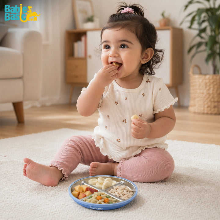 Babies Basic Stainless Steel plate with suction for Kids, Blue