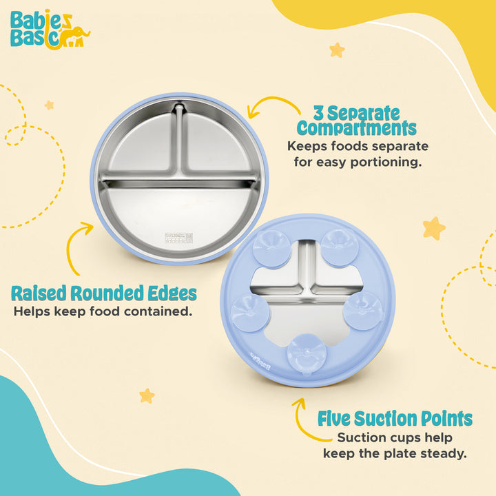 Babies Basic Stainless Steel plate with suction for Kids, Blue