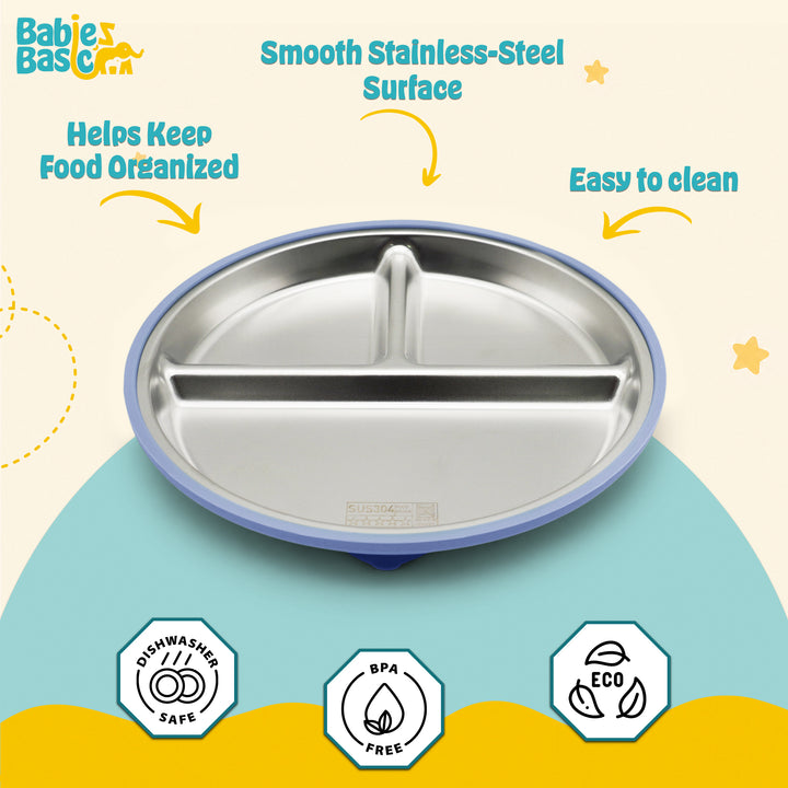 Babies Basic Stainless Steel plate with suction for Kids, Blue