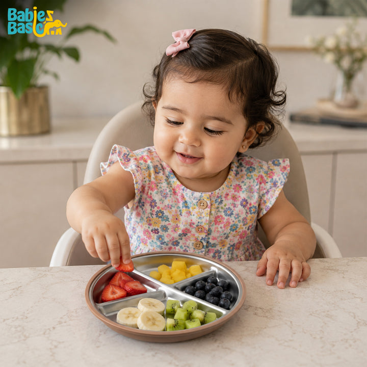 Babies Basic Stainless Steel plate with suction for Kids, Brown