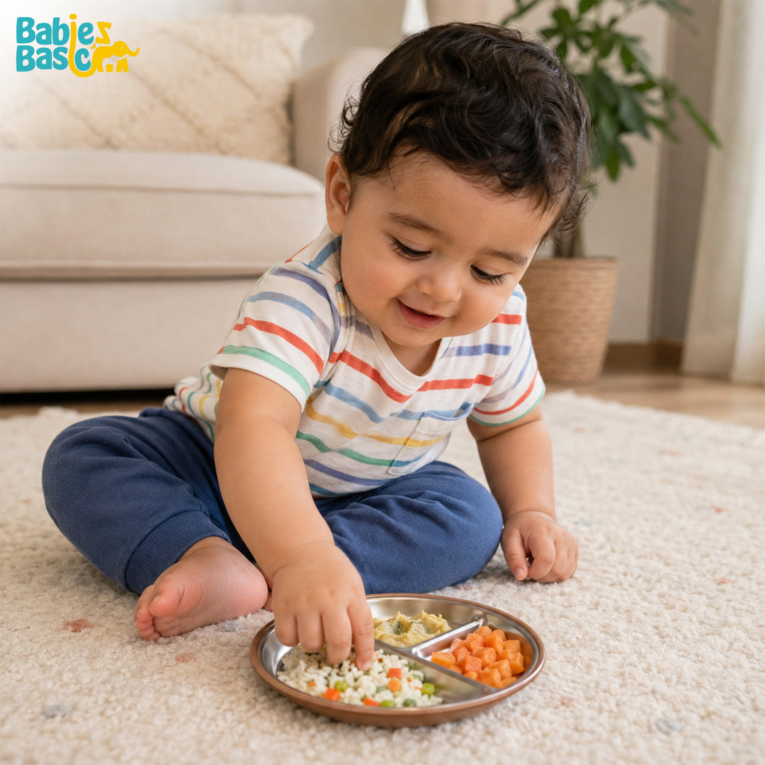 Babies Basic Stainless Steel plate with suction for Kids, Brown