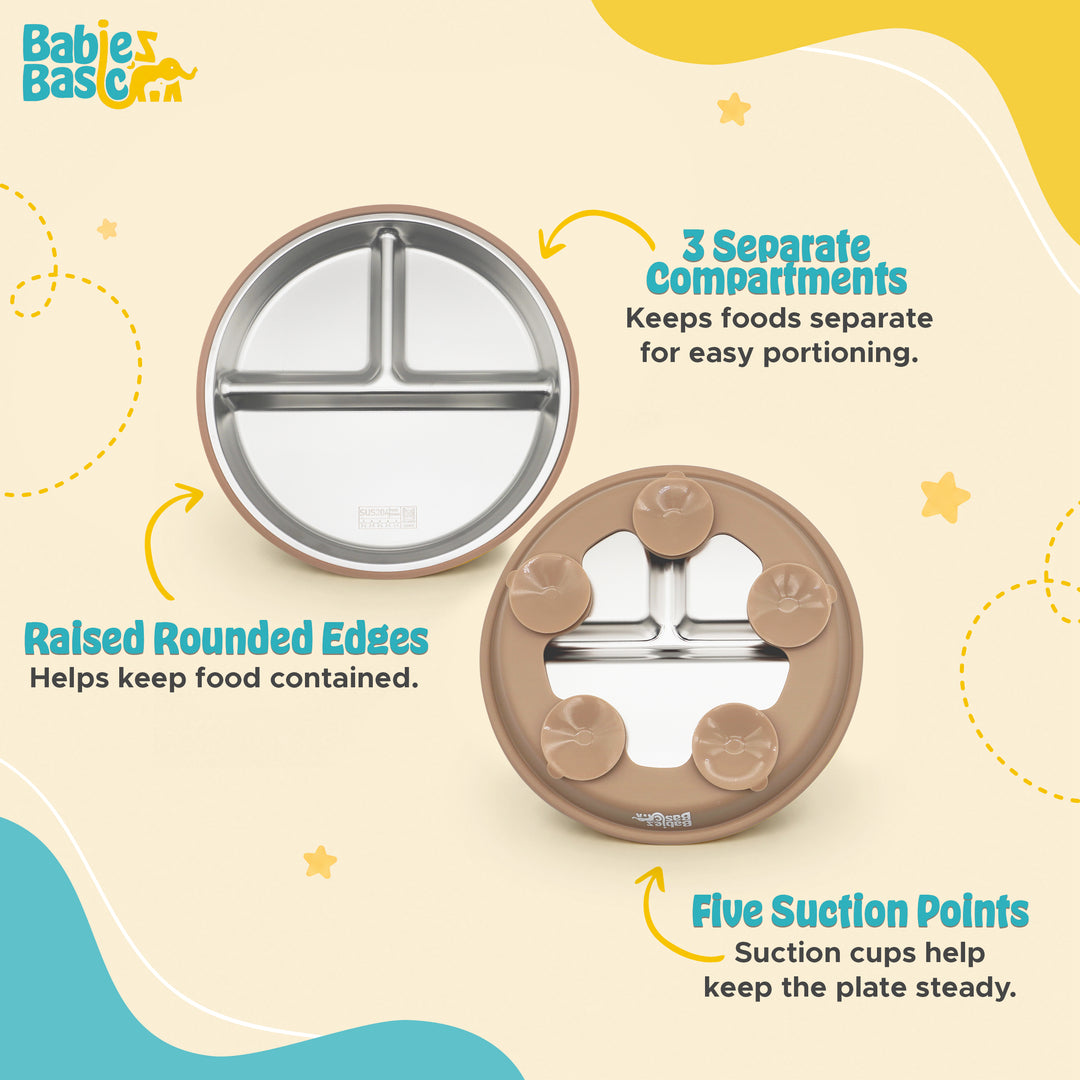 Babies Basic Stainless Steel plate with suction for Kids, Brown