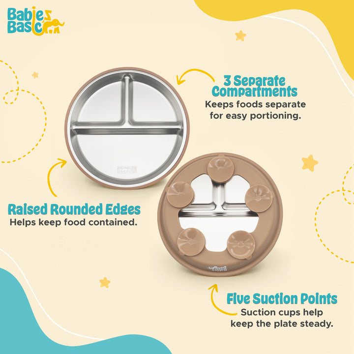 Babies Basic Stainless Steel plate with suction for Kids, Brown