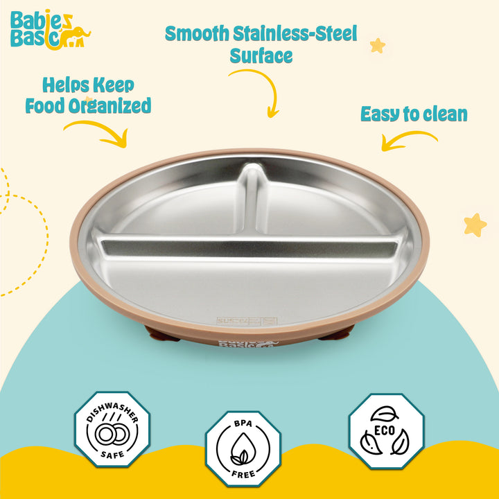 Babies Basic Stainless Steel plate with suction for Kids, Brown