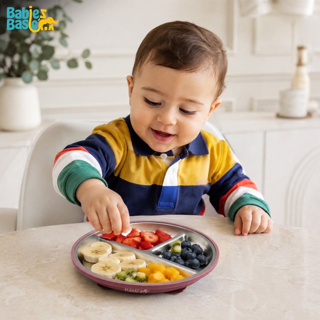 Babies Basic Stainless Steel plate with suction for Kids, Dusty Pink