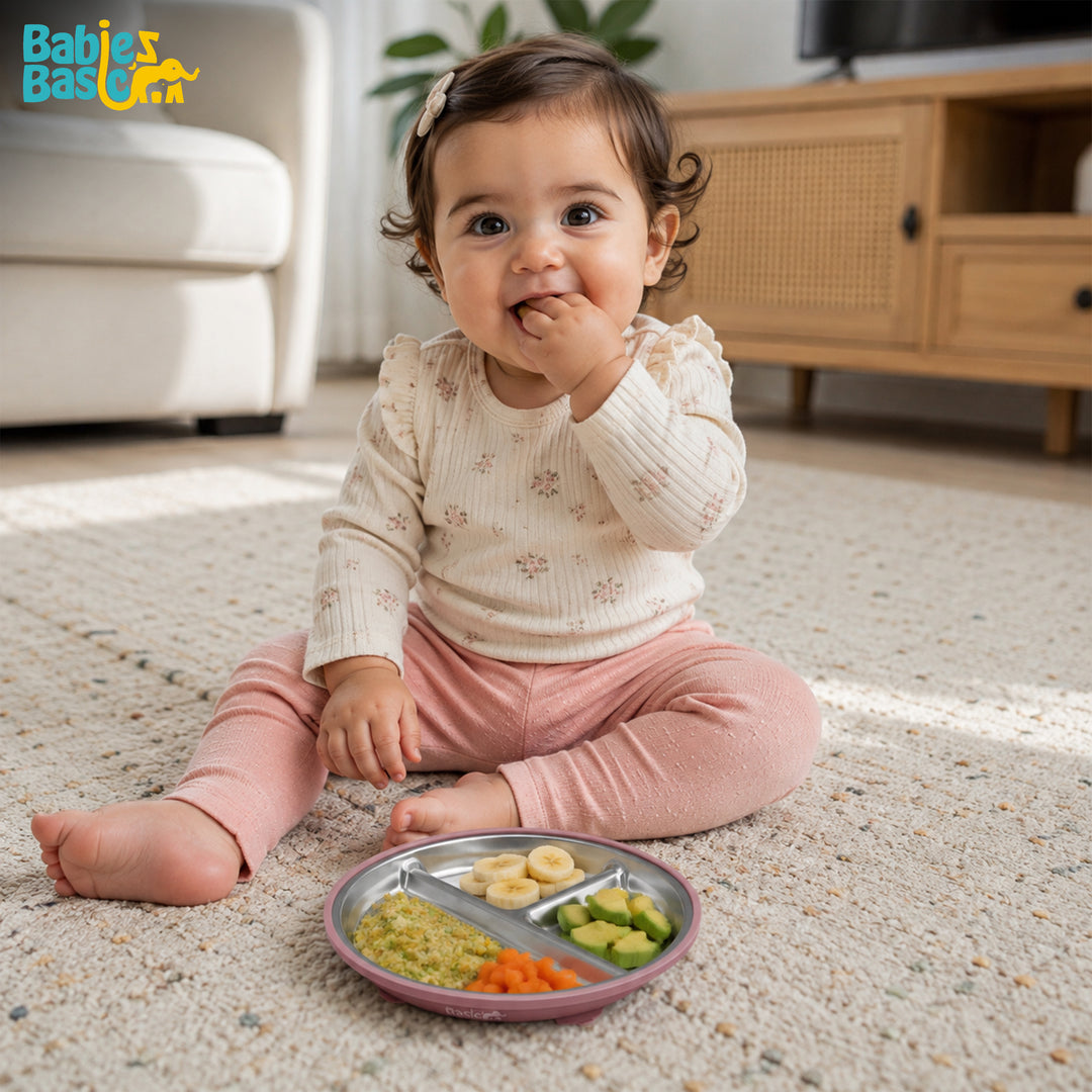 Babies Basic Stainless Steel plate with suction for Kids, Dusty Pink