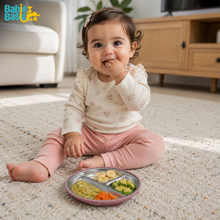 Babies Basic Stainless Steel plate with suction for Kids, Dusty Pink
