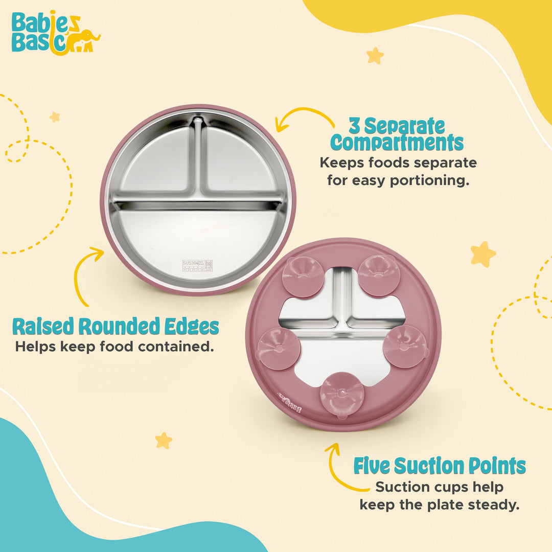 Babies Basic Stainless Steel plate with suction for Kids, Dusty Pink