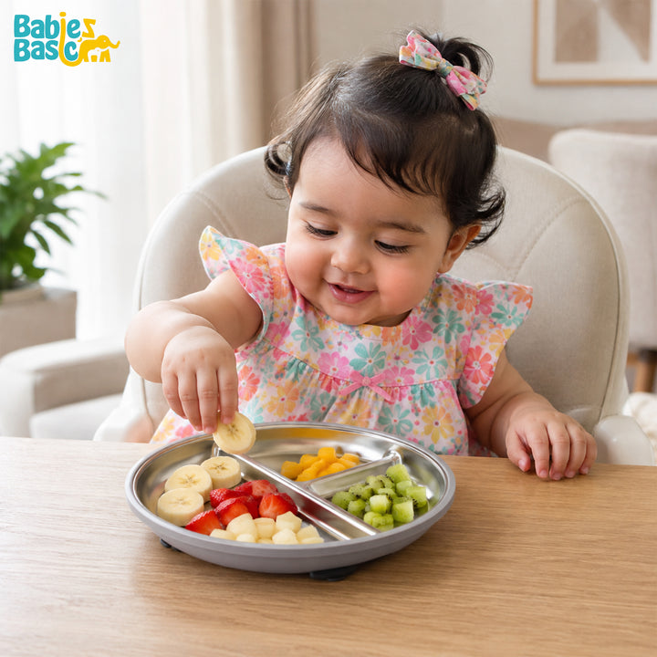 Babies Basic Stainless Steel plate with suction for Kids, Gray