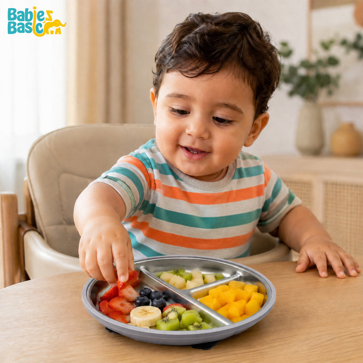 Babies Basic Stainless Steel plate with suction for Kids, Gray