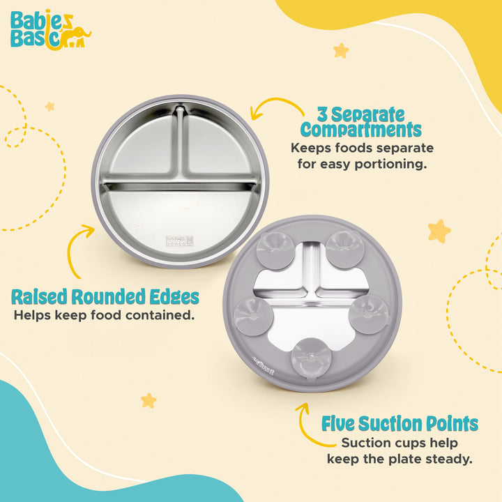 Babies Basic Stainless Steel plate with suction for Kids, Gray