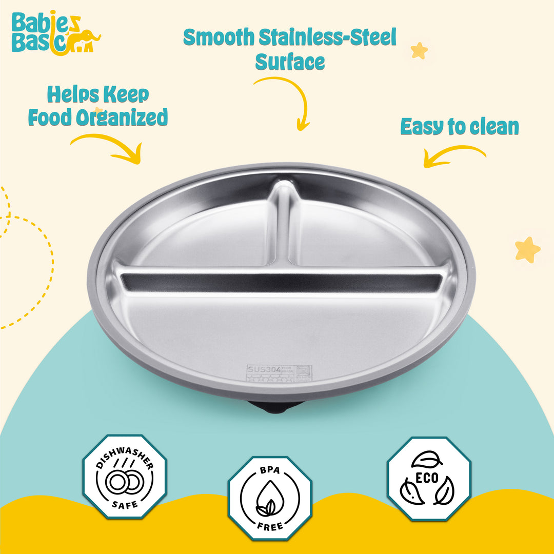 Babies Basic Stainless Steel plate with suction for Kids, Gray