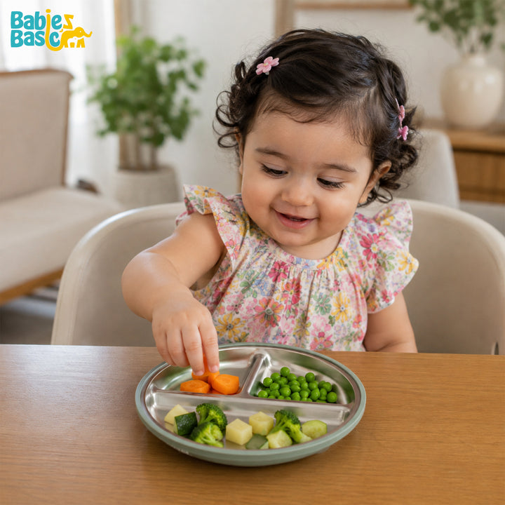 Babies Basic Stainless Steel plate with suction for Kids, Green