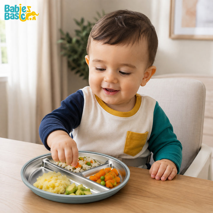 Babies Basic Stainless Steel plate with suction for Kids, Green