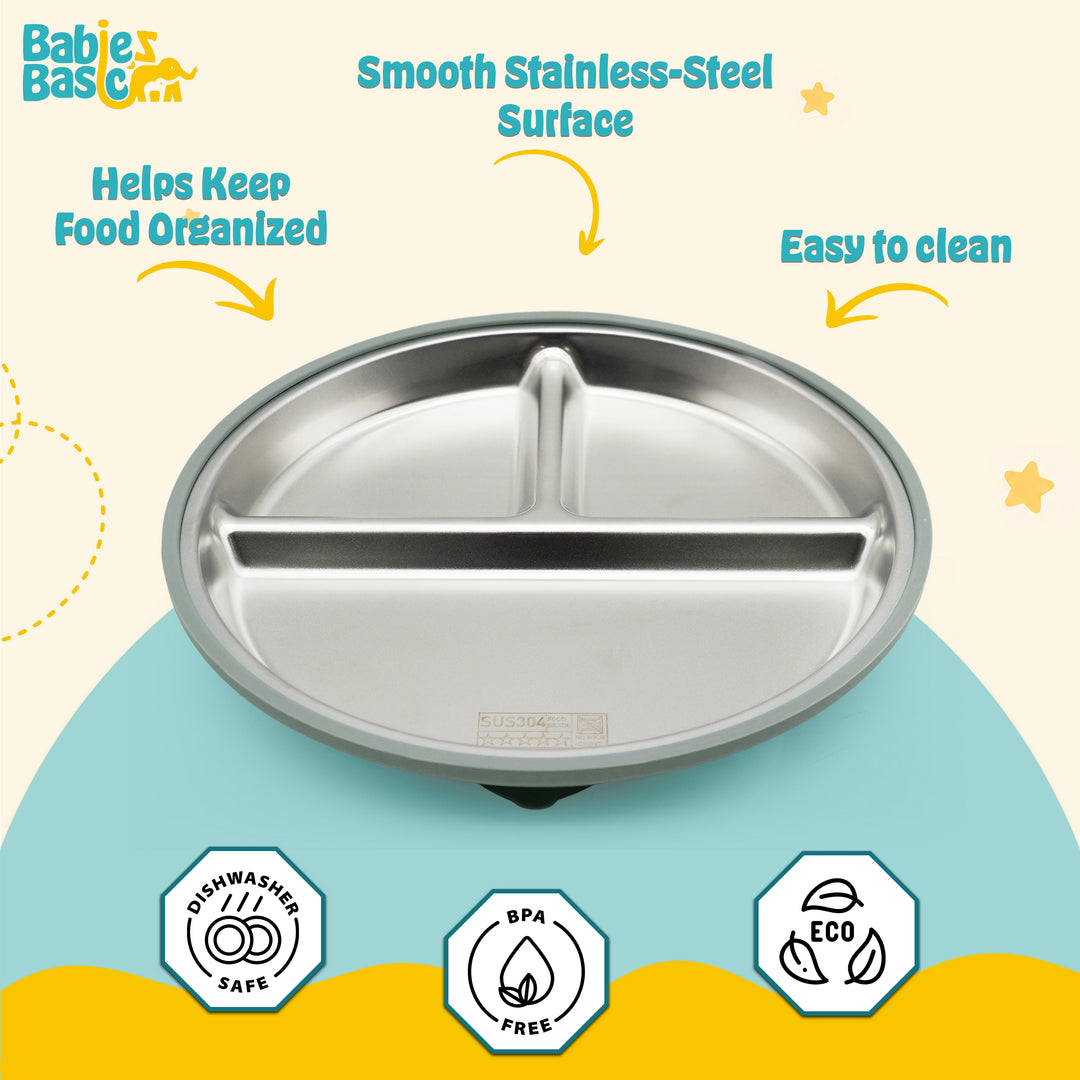 Babies Basic Stainless Steel plate with suction for Kids, Green