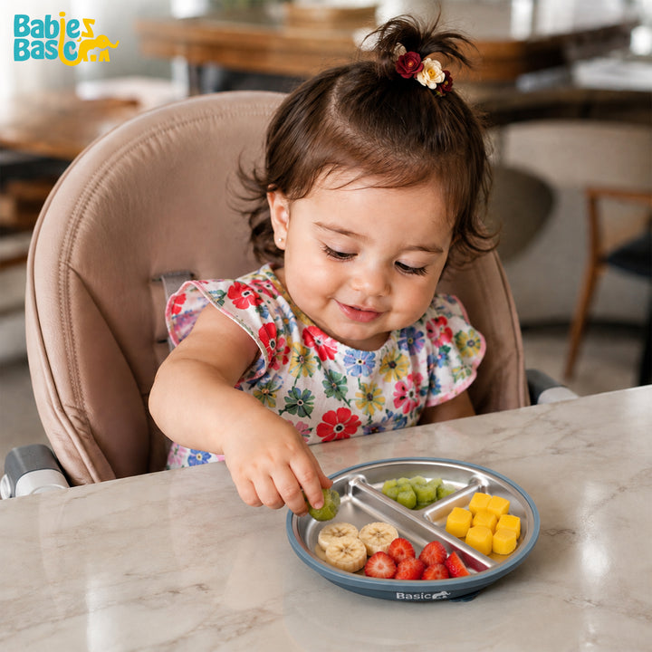 Babies Basic Stainless Steel plate with suction for Kids, Indigo