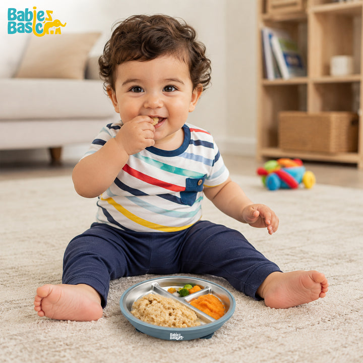 Babies Basic Stainless Steel plate with suction for Kids, Indigo