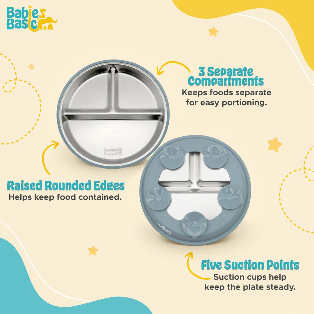 Babies Basic Stainless Steel plate with suction for Kids, Indigo
