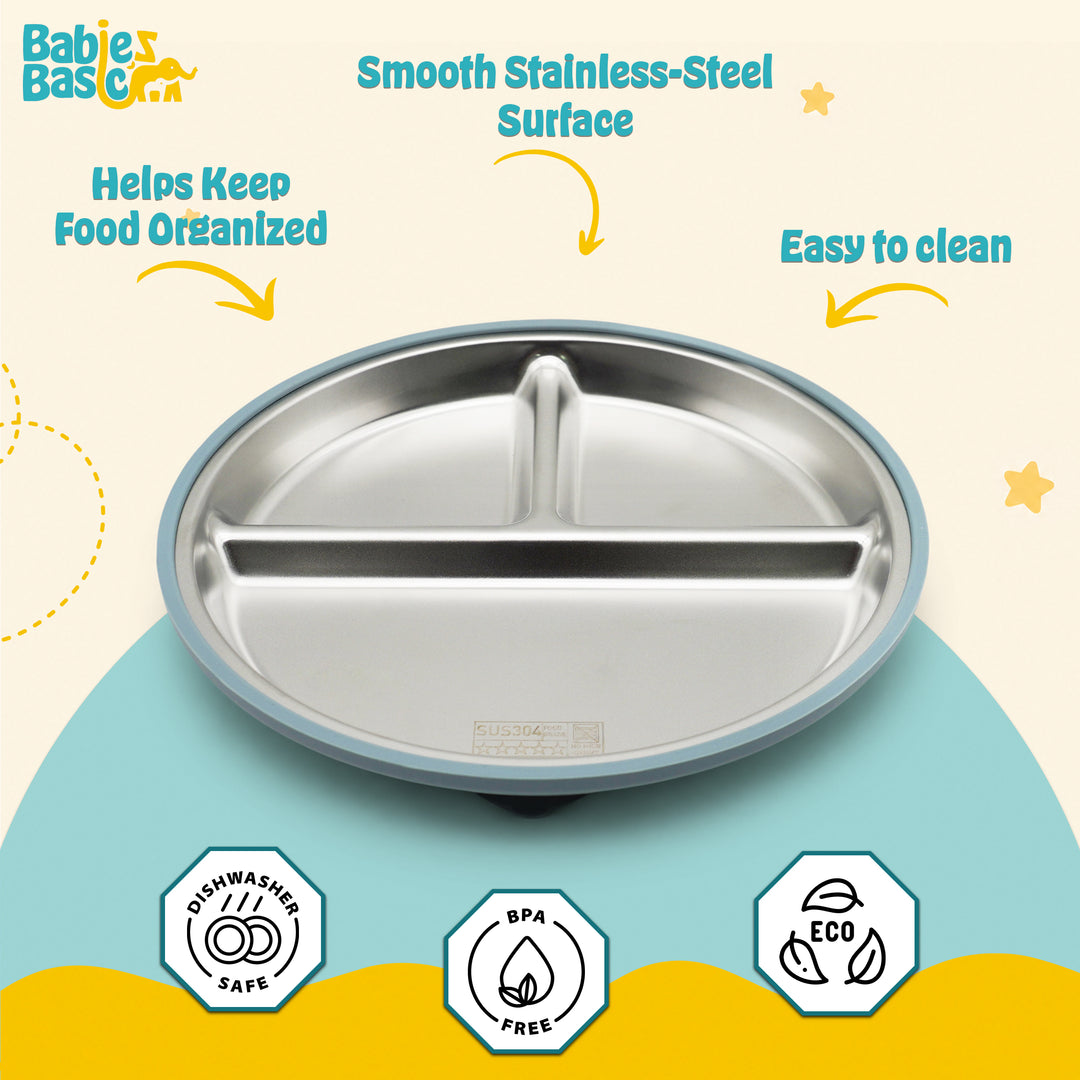 Babies Basic Stainless Steel plate with suction for Kids, Indigo