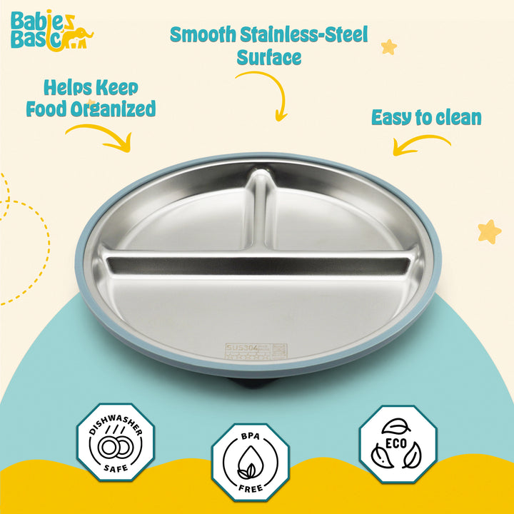 Babies Basic Stainless Steel plate with suction for Kids, Indigo