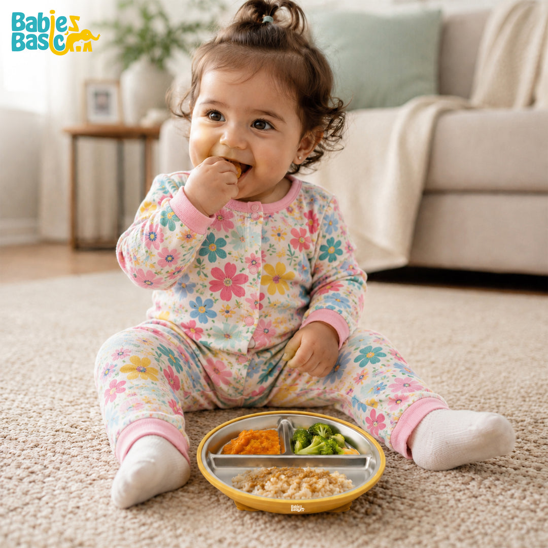 Babies Basic Stainless Steel plate with suction for Kids, Yellow