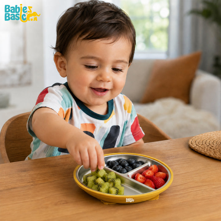 Babies Basic Stainless Steel plate with suction for Kids, Yellow