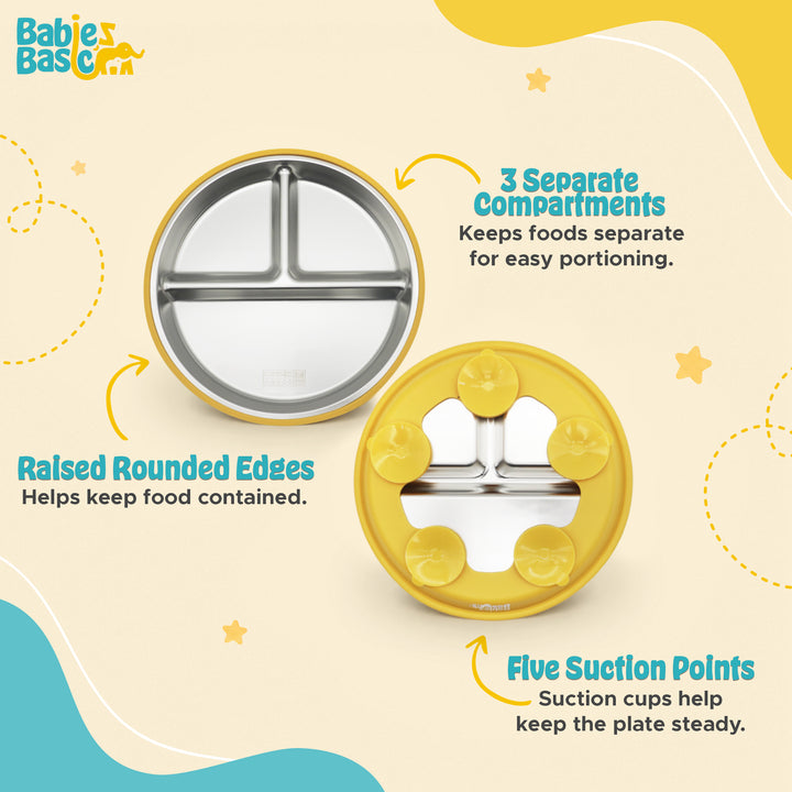 Babies Basic Stainless Steel plate with suction for Kids, Yellow