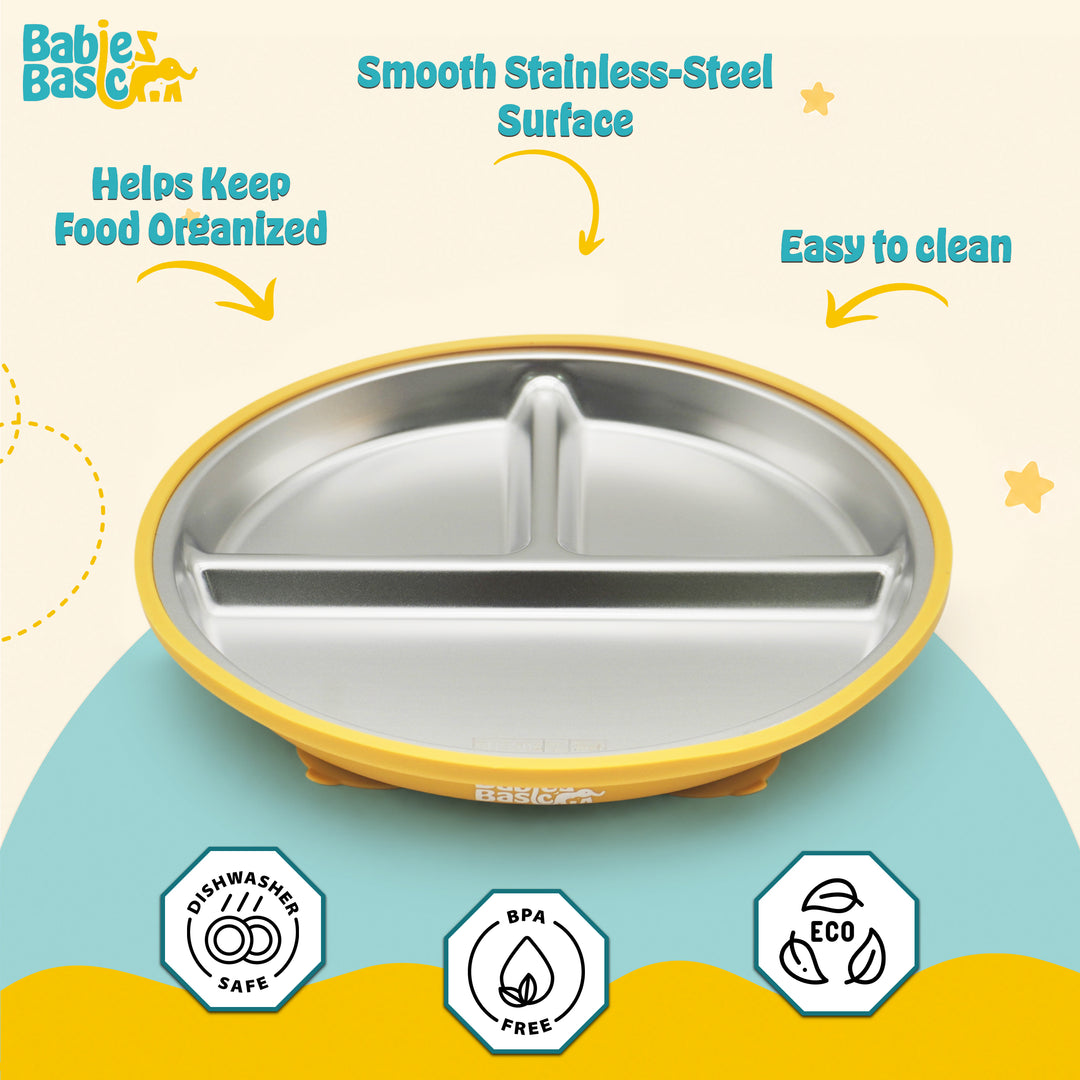 Babies Basic Stainless Steel plate with suction for Kids, Yellow
