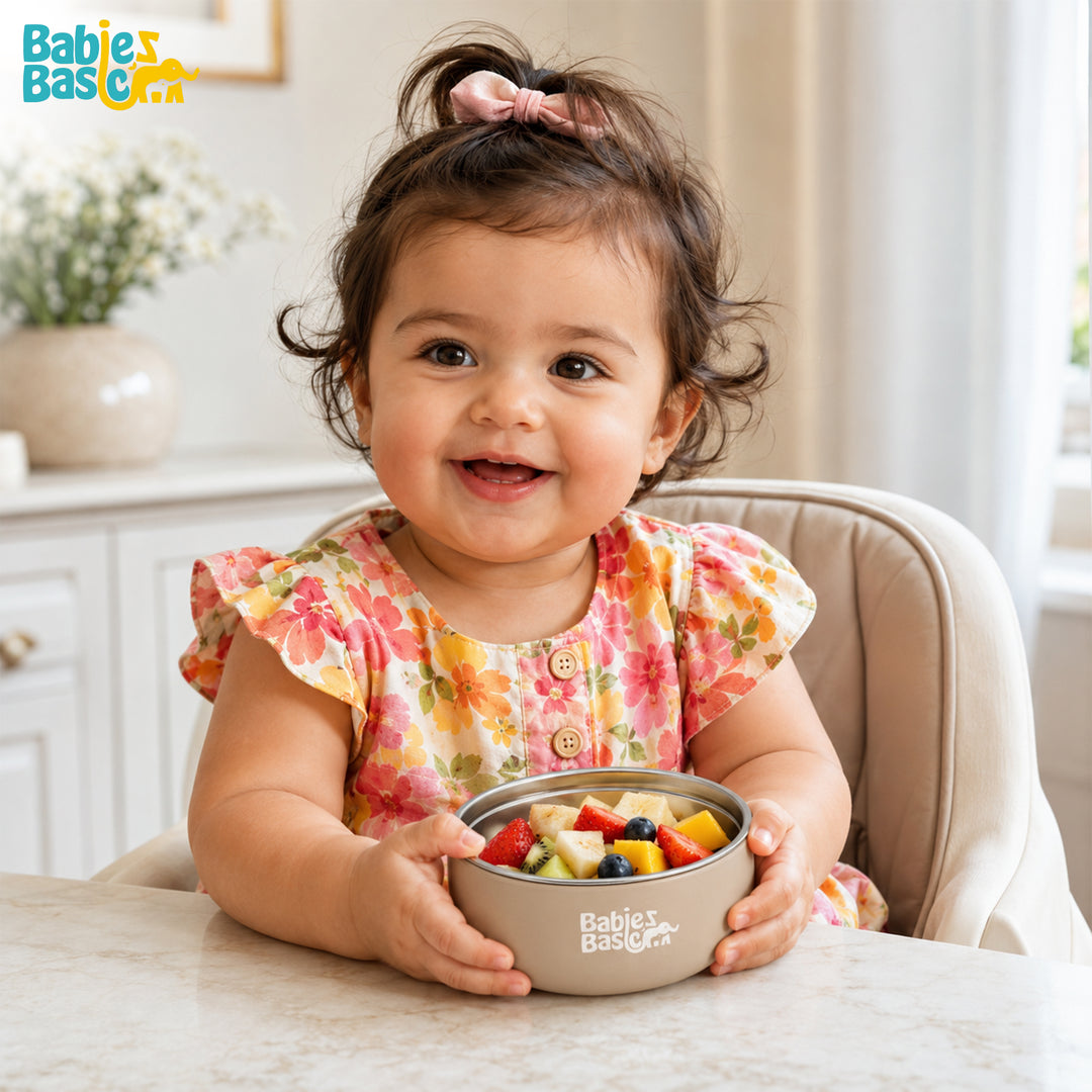Babies Basic Stainless Steel Bowl with Silicone Sleeve for Kids, Beige