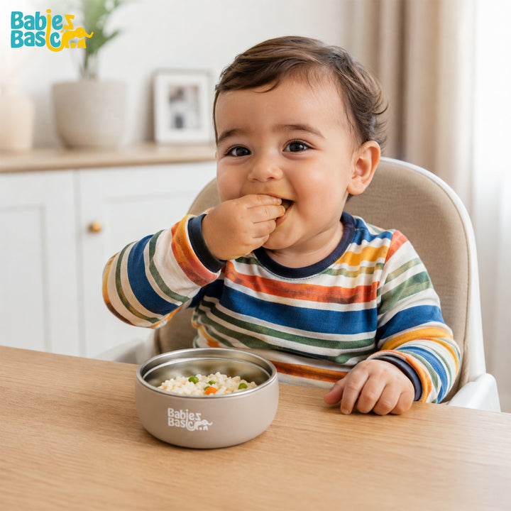 Babies Basic Stainless Steel Bowl with Silicone Sleeve for Kids, Beige
