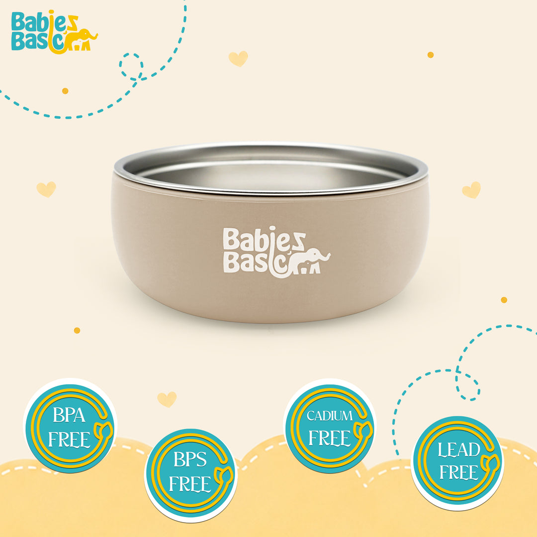 Babies Basic Stainless Steel Bowl with Silicone Sleeve for Kids, Beige