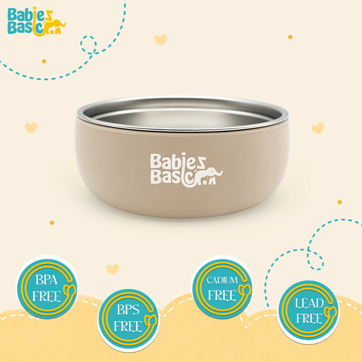 Babies Basic Stainless Steel Bowl with Silicone Sleeve for Kids, Beige