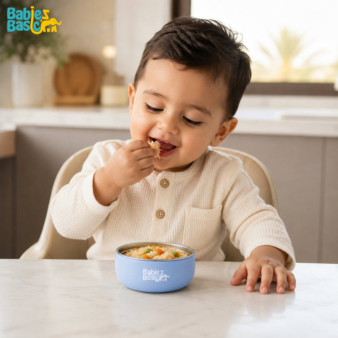 Babies Basic Stainless Steel Bowl with Silicone Sleeve for Kids, Blue