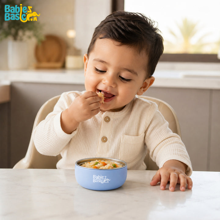 Babies Basic Stainless Steel Bowl with Silicone Sleeve for Kids, Blue
