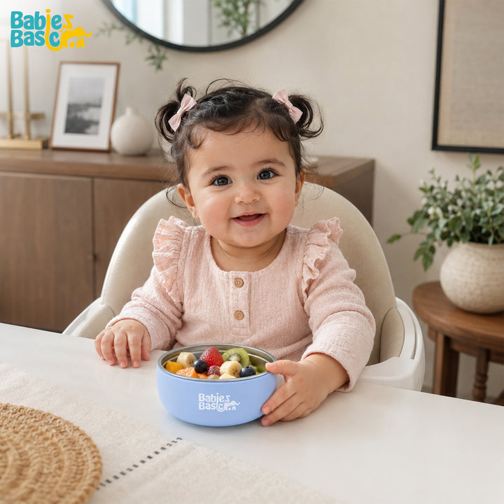 Babies Basic Stainless Steel Bowl with Silicone Sleeve for Kids, Blue