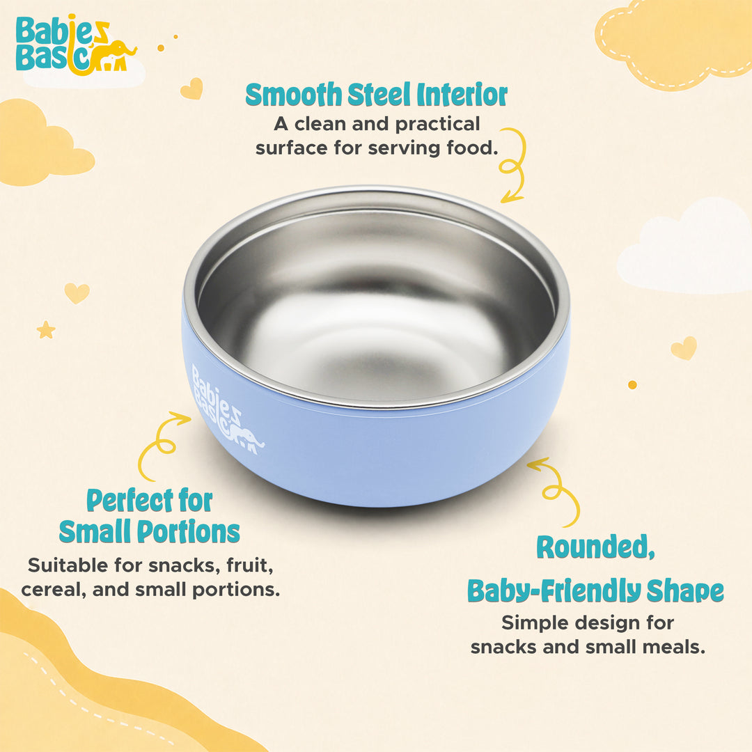 Babies Basic Stainless Steel Bowl with Silicone Sleeve for Kids, Blue