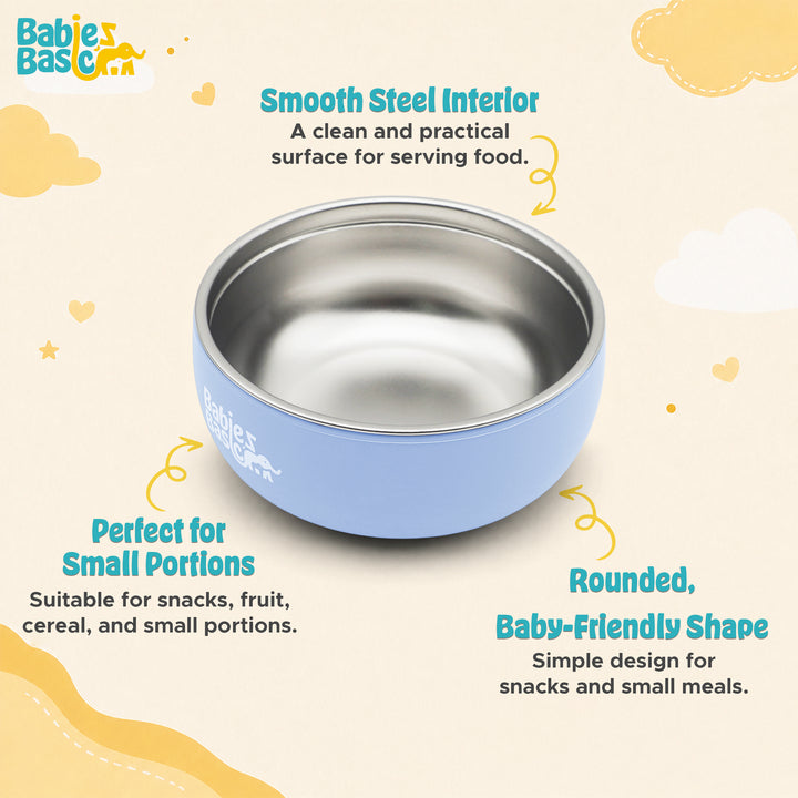 Babies Basic Stainless Steel Bowl with Silicone Sleeve for Kids, Blue