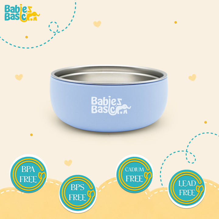 Babies Basic Stainless Steel Bowl with Silicone Sleeve for Kids, Blue