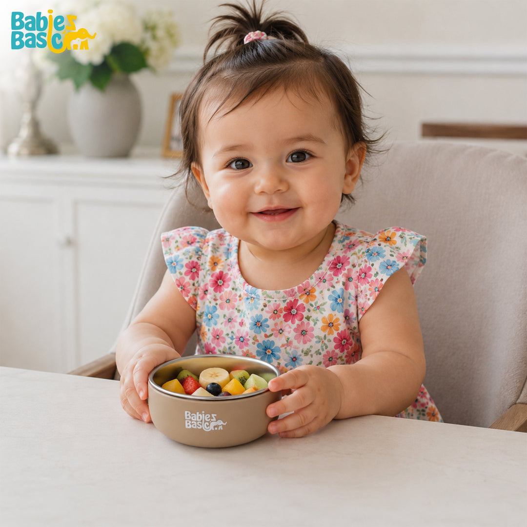 Babies Basic Stainless Steel Bowl with Silicone Sleeve for Kids, Brown