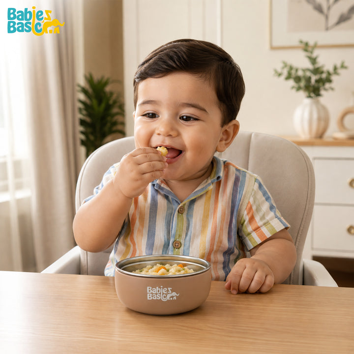 Babies Basic Stainless Steel Bowl with Silicone Sleeve for Kids, Brown