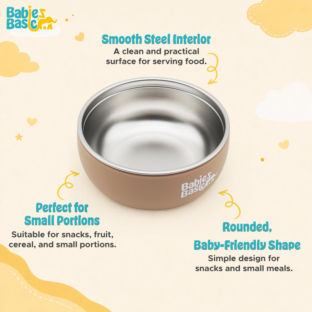 Babies Basic Stainless Steel Bowl with Silicone Sleeve for Kids, Brown