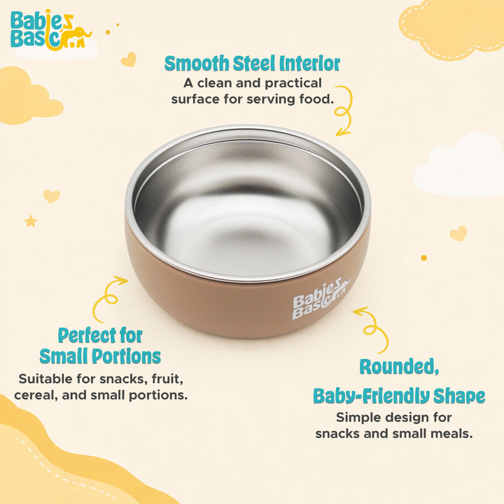 Babies Basic Stainless Steel Bowl with Silicone Sleeve for Kids, Brown