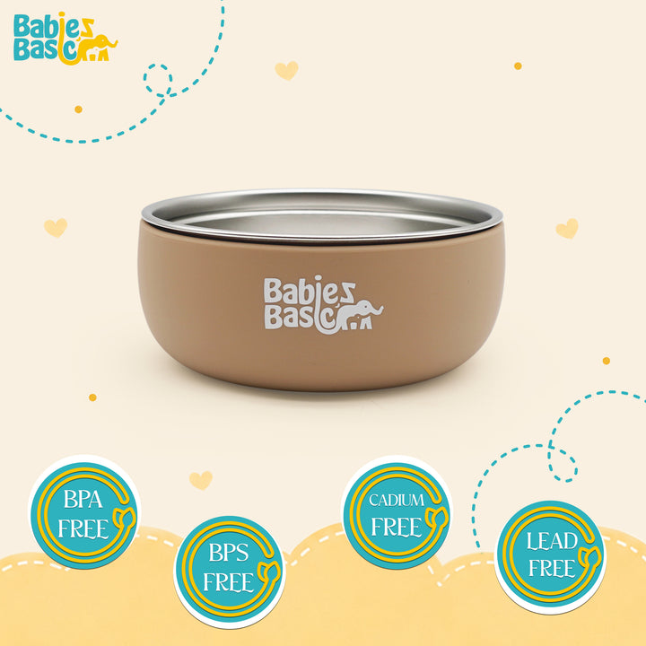 Babies Basic Stainless Steel Bowl with Silicone Sleeve for Kids, Brown