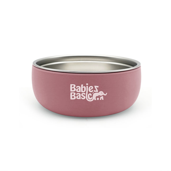 Babies Basic Stainless Steel Bowl with Silicone Sleeve for Kids, Dusty Pink